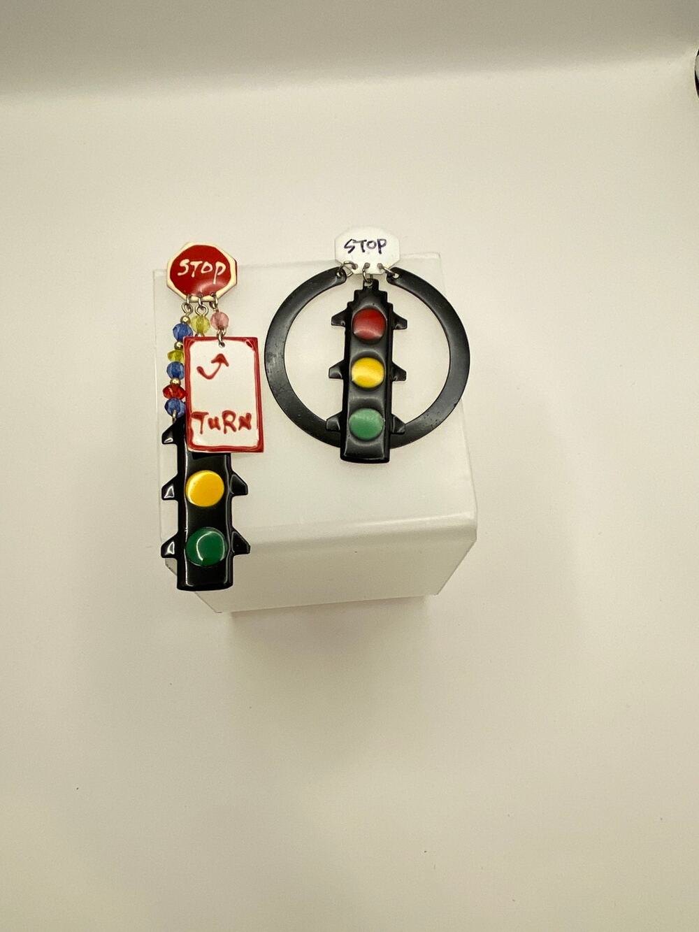 Vintage 1980s Traffic Light Earrings Stop Sign Turn Signal Mismatched Statement